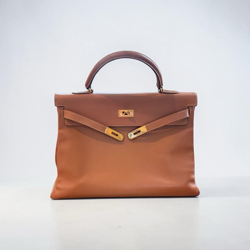 Hermes Kelly 35 Gold Courchevel Leather GHW Vintage 1998 Top Handle Bag